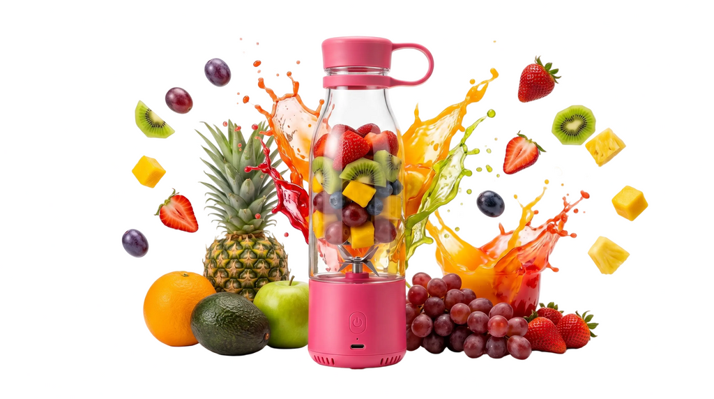A pink portable blender bottle filled with mixed fruit, surrounded by floating fruits and fruit splashes on a clean white background.